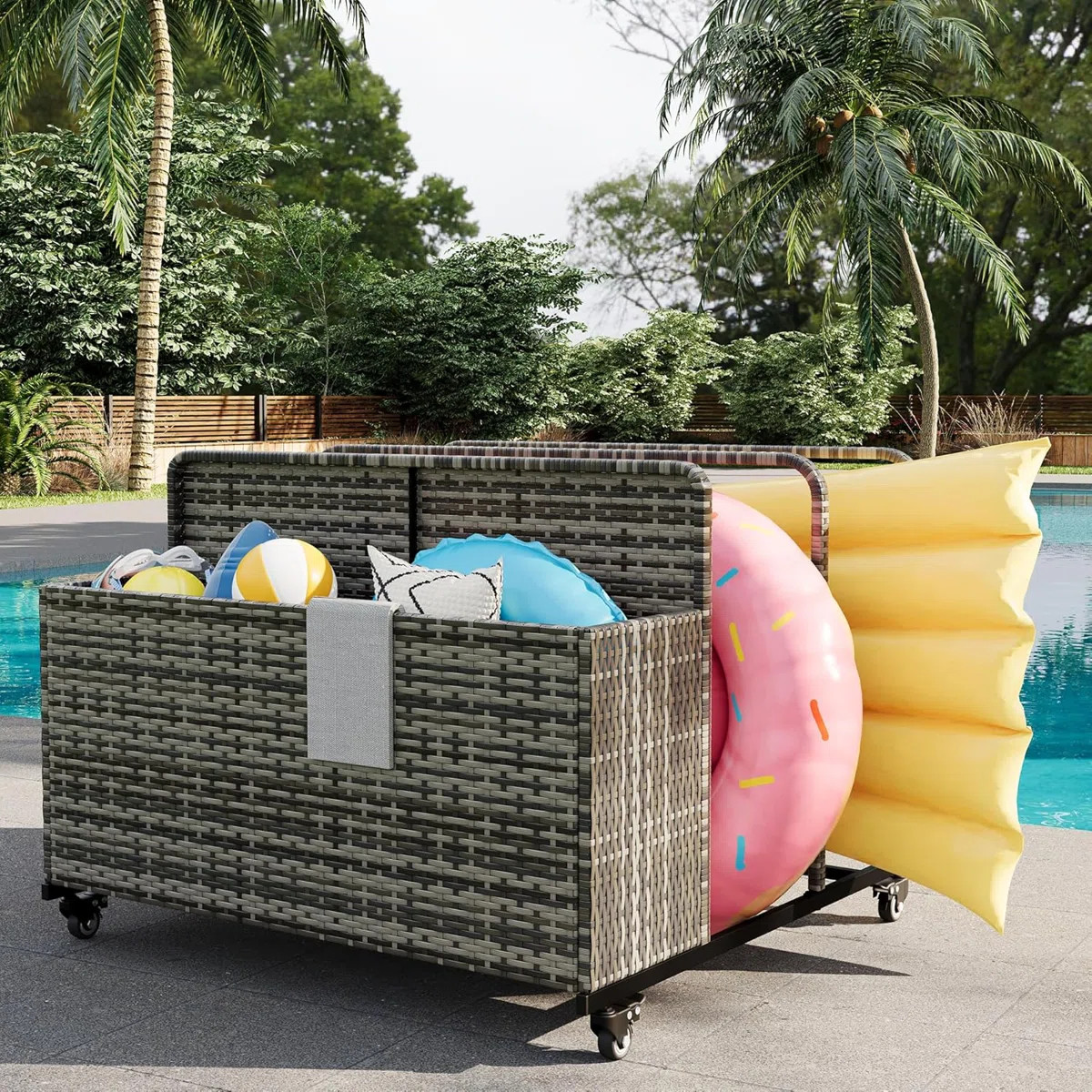 Outdoor Pool Float Storage Organizer with Wheels, PE Rattan Poolside Caddy with 3-Section Basket ... | Wayfair North America