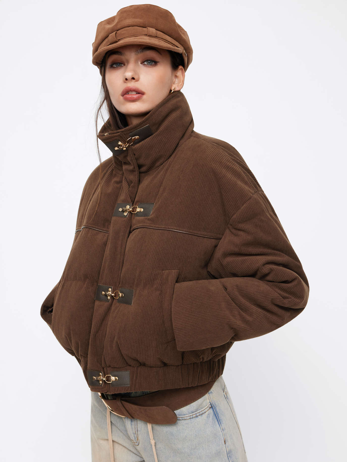 Corduroy Corduroy Stand Collar Metal Buckle Zip Through Oversized Puffer Jacket For Daily Casual | Cider