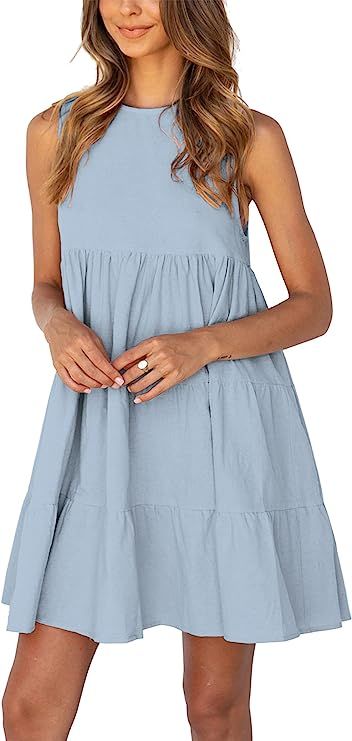 KIRUNDO Women’s Summer Sleeveless Round Neck Casual Loose Mini Dress Cute Solid Color Flowy Swi... | Amazon (US)