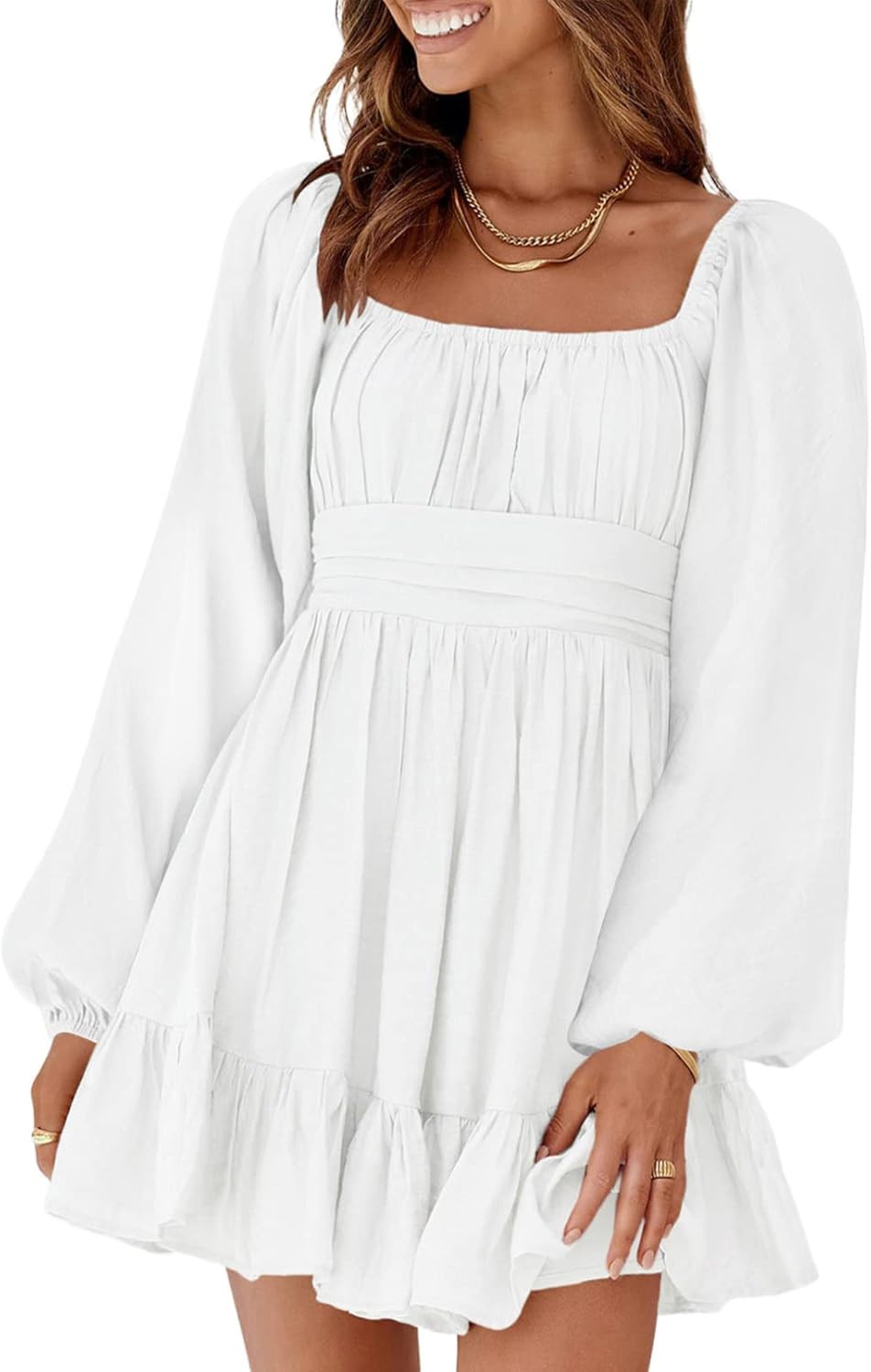 Dokotoo Womens Square Neck Summer Dress Tie Back Long Lantern Sleeve Ruffle A-Line Casual Mini Dr... | Amazon (US)