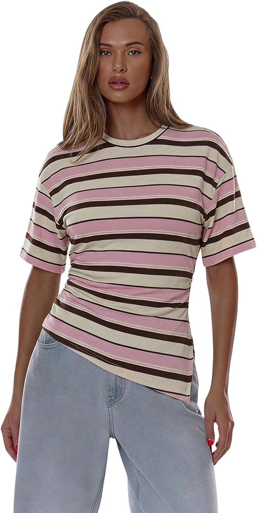 SOLY HUX Women's Striped T Shirt Split Asymmetrical Casual Summer Tee Tops | Amazon (US)