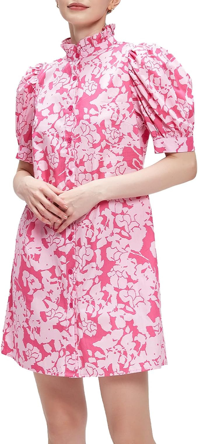 D-Sun Women's Fall Floral Mini Dress Short Sleeve Button Down Casual Boho Beach Shirt Mini Dress | Amazon (US)