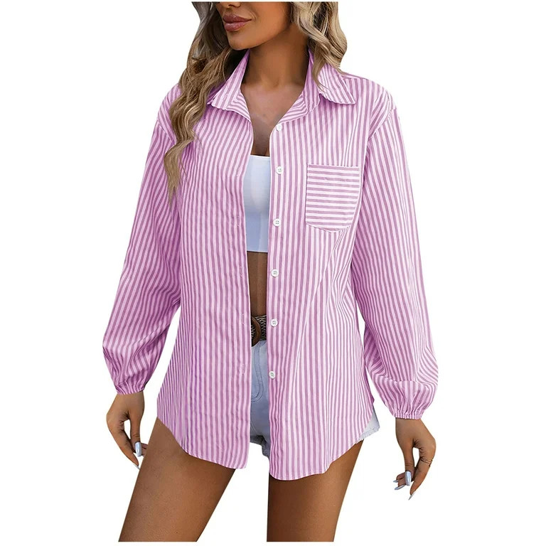 ZyeKqe Womens Button down Shirts Casual Long Sleeve Shirt Striped Oversized Blouse Top with Pocke... | Walmart (US)