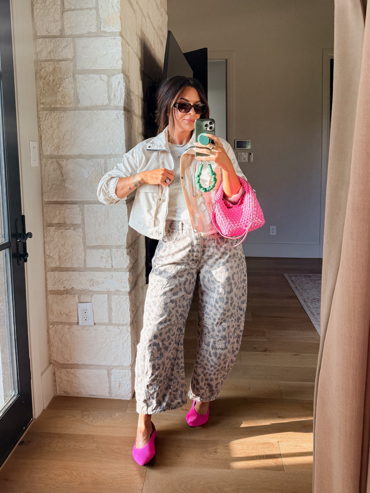 Pop of pink 🩷 today. 
Tank: XL (love these, built in bra)
Jacket is so good!
Leopard free people pants: true to size

Shoes true to size and so comfy!


#LTKootd #LTKMidsize #LTKdayinmylife
