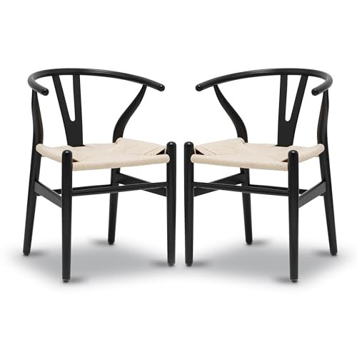 POLY & BARK Weave Dining Chairs – Mid-Century Modern Wishbone Dining Chairs with Arms, Solid Wood Frame, Indoor Use – Black – Set of 2 - Ideal for Dining Room, Kitchen or Stylish Accent Setting | Amazon (US)