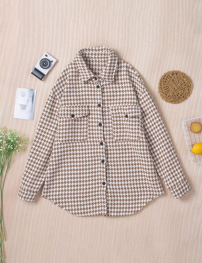 Yimoon Women’s Plaid Shacket Long Sleeve Button Down Houndstooth Shirt Jacket | Amazon (US)