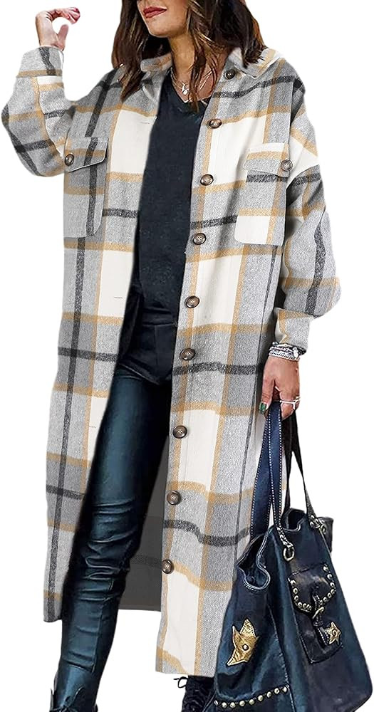 Himosyber Women's Casual Plaid Lapel Woolen Button Up Pocketed Long Shacket Coat | Amazon (US)