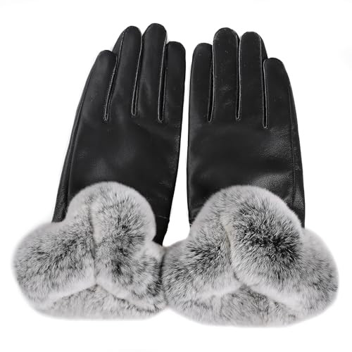 BOONJOVIA Elegant Women's Winter Warm Genuine Leather Gloves With Rex Rabbit Fur Trim Cuffs Velvet Lined (Black Frost, Small) | Amazon (US)