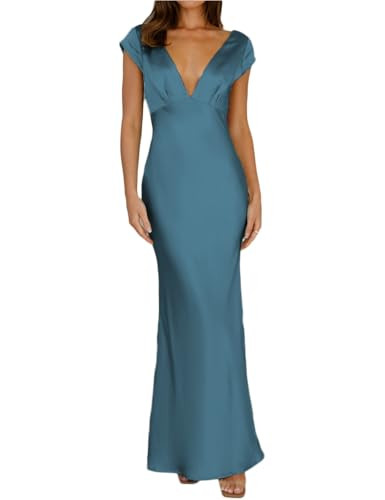 Halfisland Womens Summer Satin V Neck Cap Sleeve Backless Maxi Dress Elegant Twist Cut Out Midi Dresses Wedding Guest Dark Blue | Amazon (US)