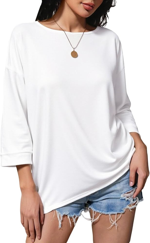 Women's Oversized Dolman 3/4 Sleeve T Shirt Crew Neck Dressy Casual Tops | Amazon (US)