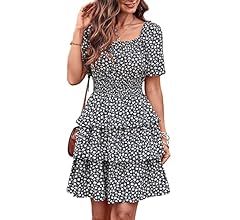 PRETTYGARDEN Women's 2023 Floral Summer Short Dress Square Neck Short Sleeve Tiered Ruffle Boho S... | Amazon (US)