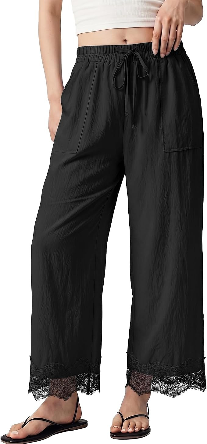 Womens Lace Hem Pants Lightweight Drawstring High Waisted Pants Wide Leg Cropped Casual Trousers ... | Amazon (US)