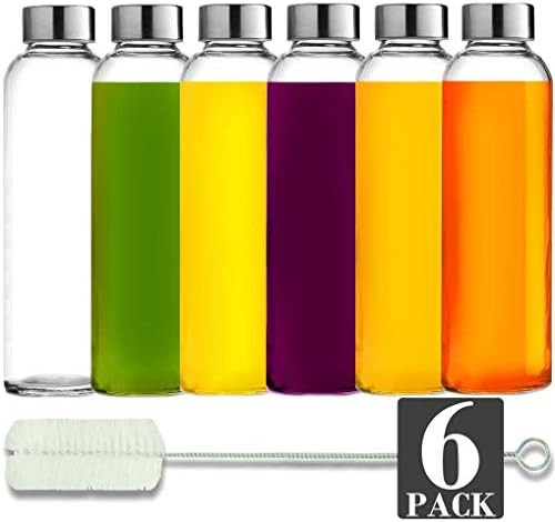 Brieftons Glass Water Bottles: 6 Pack, 18 Oz, Stainless Steel Leak Proof Lid, Premium Soda Lime, ... | Amazon (US)