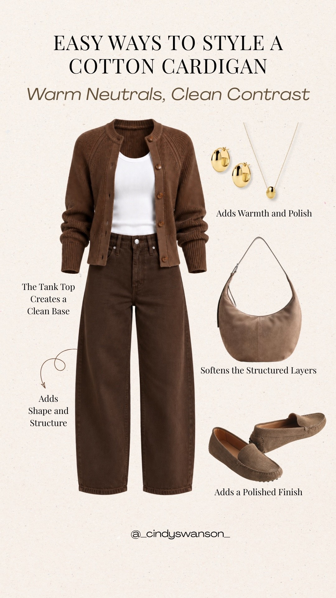 A brown cotton cardigan is one of those versatile layers that makes a simple outfit feel instantly more polished. I love the tonal brown jeans paired with a clean white tank and soft taupe accessories for an easy, modern-classic look.

#LTKootd #LTKOver40 #LTKgrwm