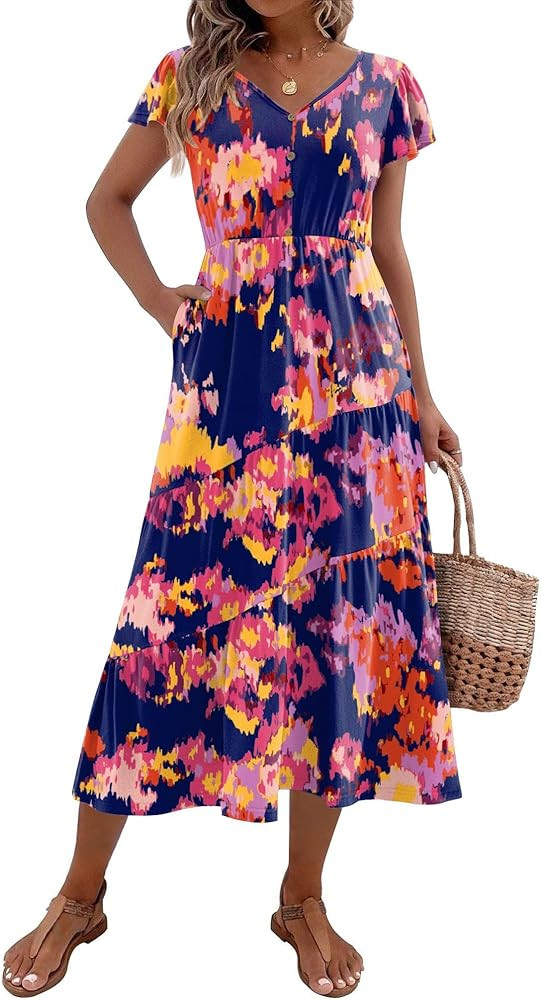 Zeagoo Women's Summer Casual Dress Flutter Short Sleeve V Neck Button Down Tiered Flowy Long Dres... | Amazon (US)