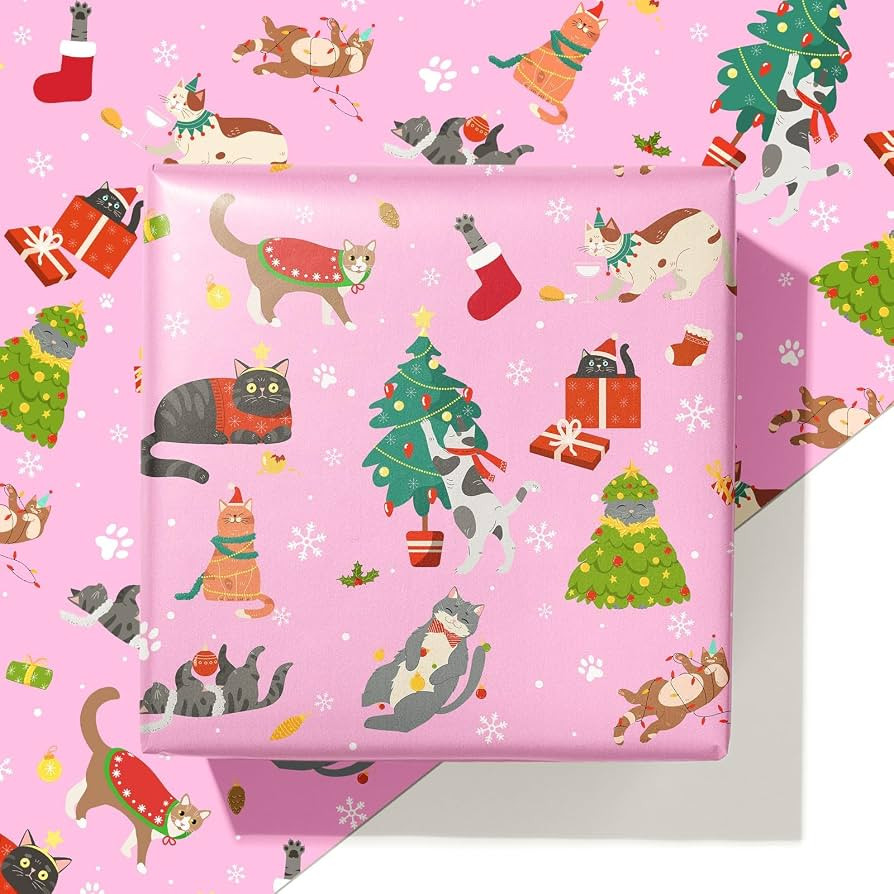 ZINTBIAL Cat Christmas Wrapping Paper - Pink Xmas Gift Wrap with Festive Cats, Holiday Trees and ... | Amazon (US)