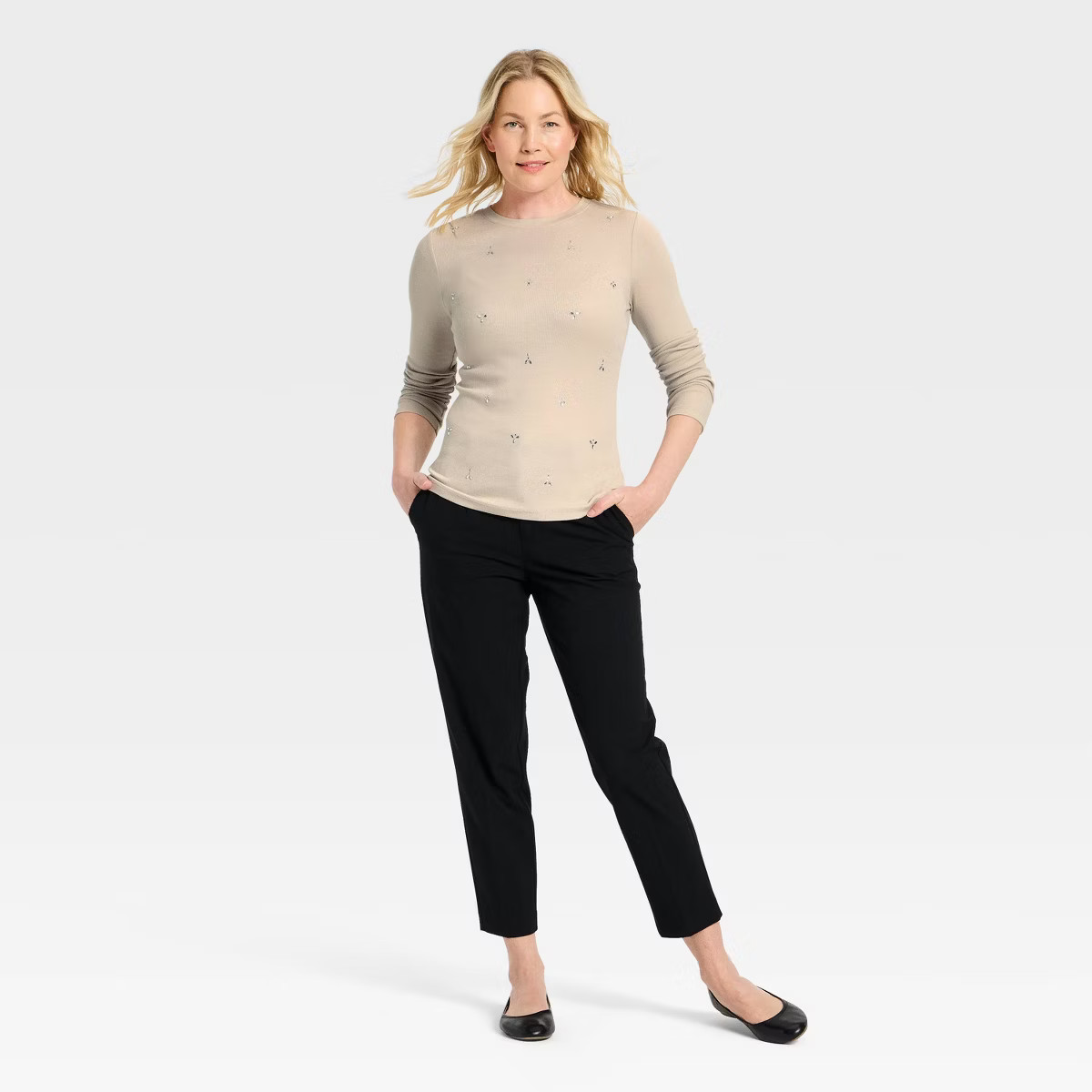 Women's Slim Fit Long Sleeve Embellished Ribbed Top - A New Day™ | Target