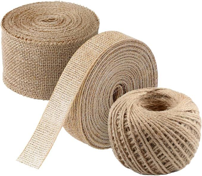3 PCS Burlap Ribbon Set,11 Yards Natural Fabric Craft Ribbon with 165 Feet Jute Twine for Wedding... | Amazon (US)