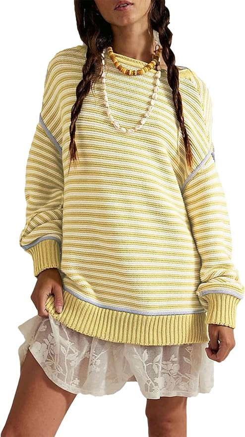 Womens Long Sleeve Striped Sweaters Casual Warm Crew Neck Knit Pullover Sweater Tops | Amazon (US)