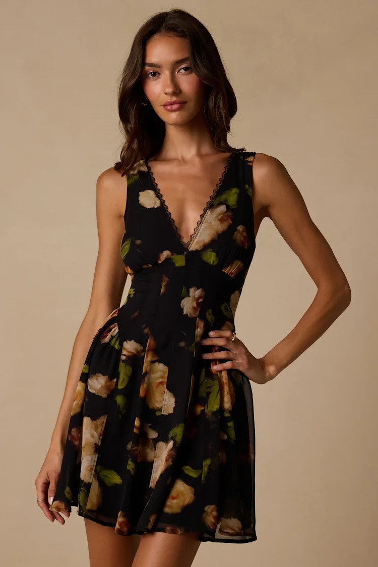 Kristen Black Floral Print Mini Dress | Lulus