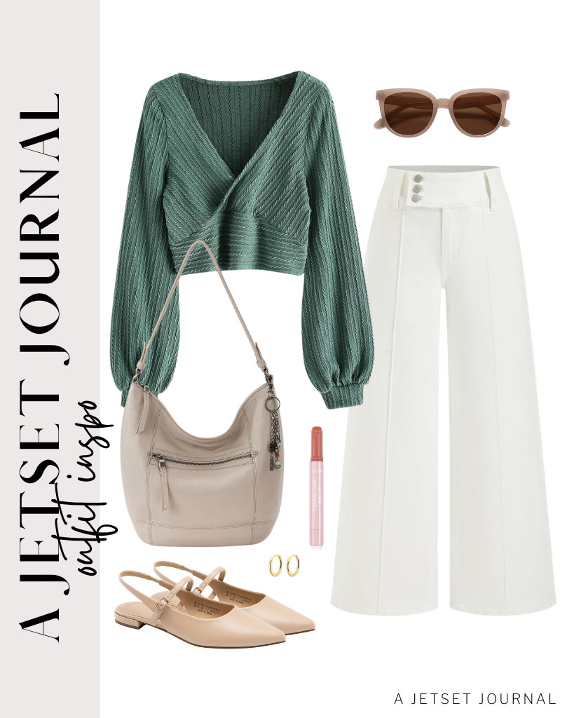 This combination of a green ZAFUL wrap sweater and white wide-leg jeans from CIDER is another cute outfit in this collection. You can style it with the The Sak Sequoia bag and DREAM PAIRS pointed-toe flats for a chic outfit. Finish this look with tarte Maracuja Juice Lip Balm and small gold hoop earrings.

#LTKSeasonal #LTKSaleAlert #LTKTravel
 

 