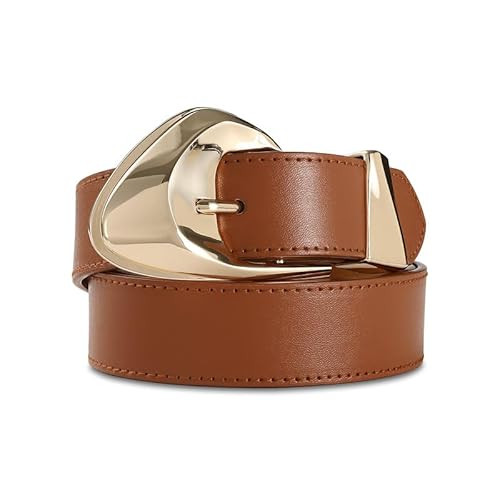 Women's Brown Belt Trend Belt with Gold Buckle Fashion Leather Waist Belt for Jeans Pants | Amazon (US)