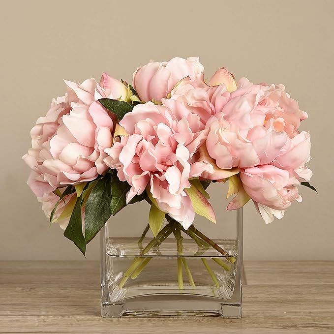 BLOOMR Artificial Glass Potted Large Pink Rose Peony Flower Arrangement, Trendy Luxury Silk Fabri... | Amazon (US)