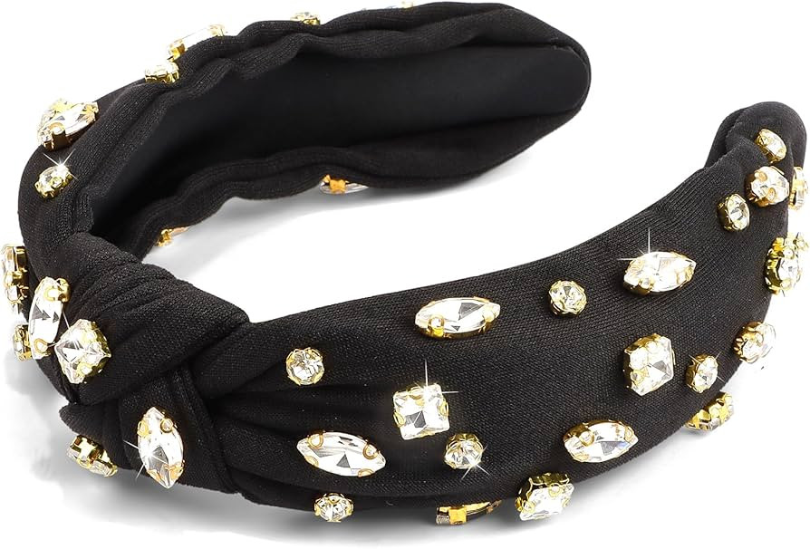 Black Knotted Headband with Rhinestone for Women, Jeweled Beaded Wide Top Knot Headband Sparkly C... | Amazon (US)