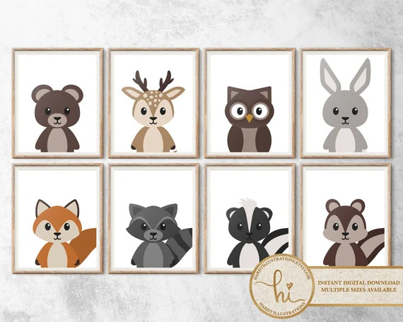 Woodland Animals Art Prints Set of 8 Nursery Art Woodland | Etsy | Etsy (US)