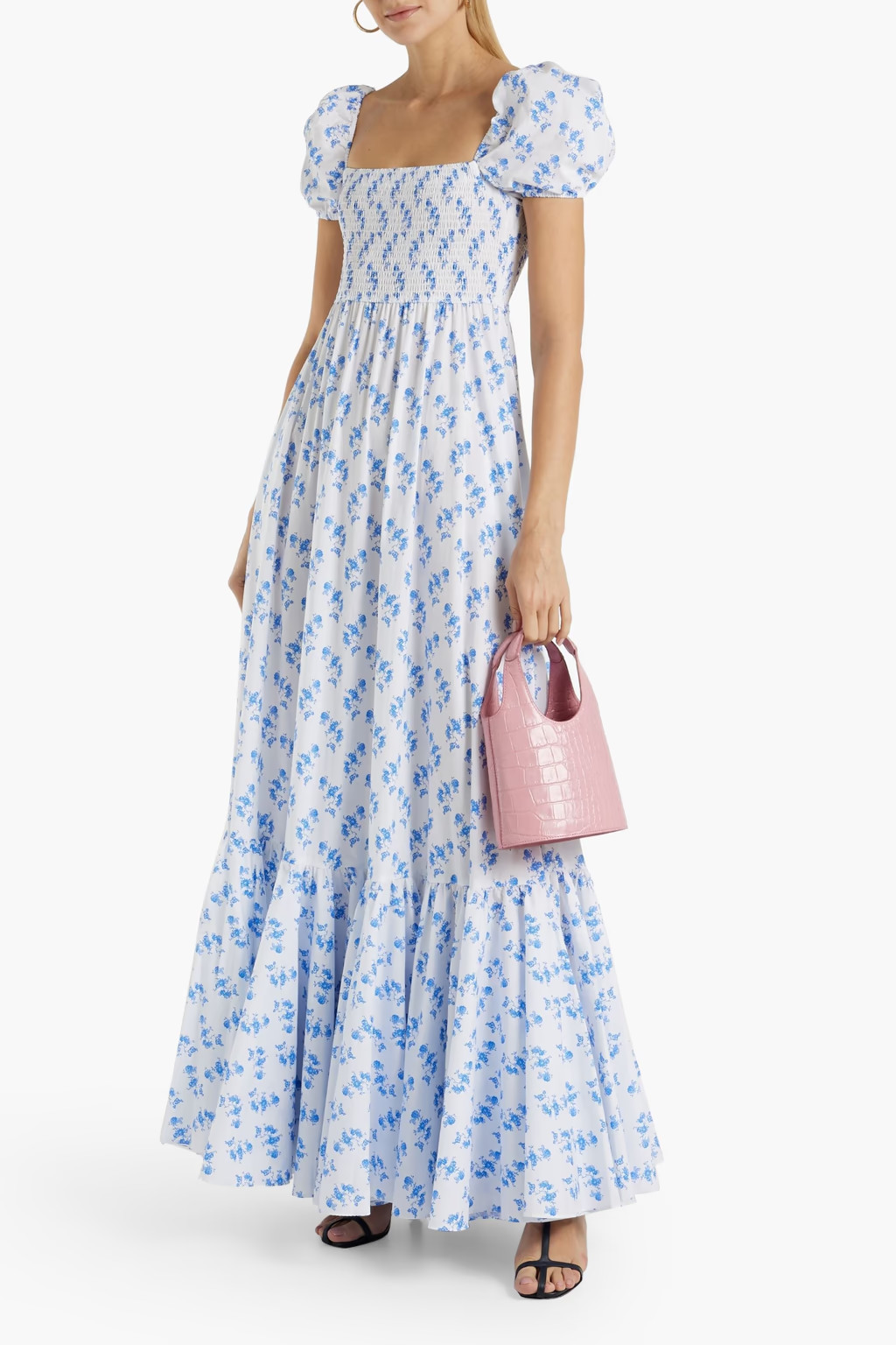 Blue Gianna shirred floral-print cotton-blend poplin maxi dress | CAROLINE CONSTAS | THE OUTNET | The Outnet (US and CA)