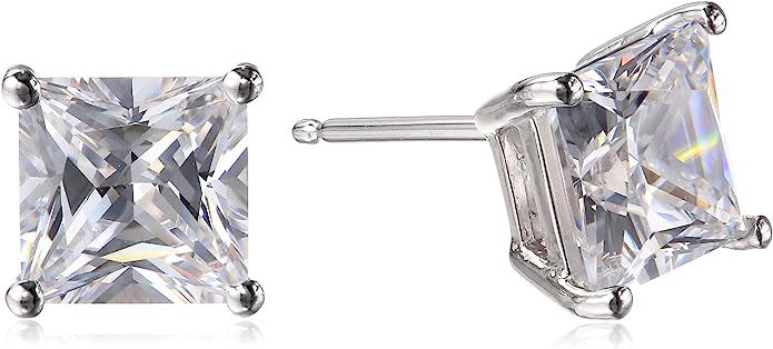 Amazon Essentials Plated Sterling Silver Cubic Zirconia Stud Earrings (Round & Princess) | Amazon (US)