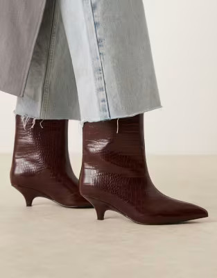 Glamorous pointed kitten heel mid ankle boots in burgundy croc | ASOS (Global)