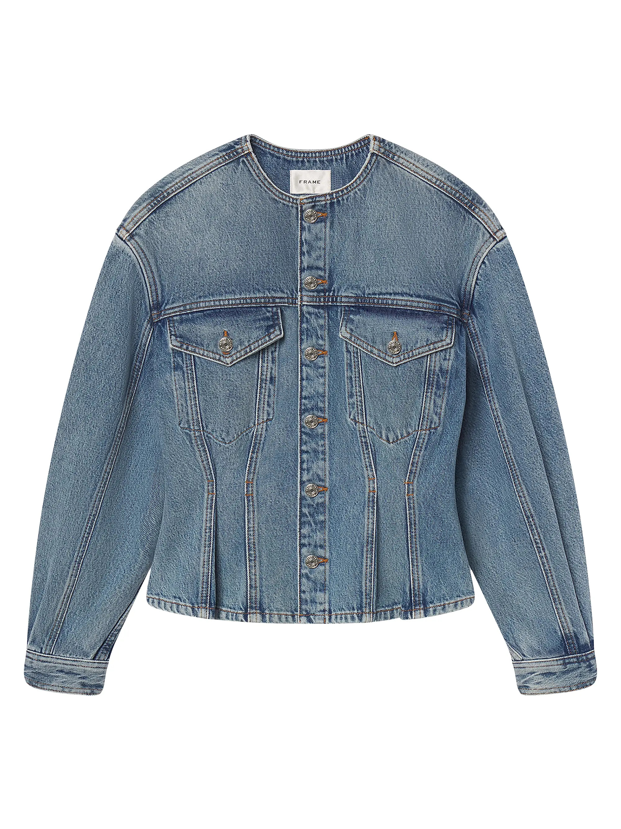 FRAME The Nipped Collarless Denim Jacket | Saks Fifth Avenue | Saks Fifth Avenue