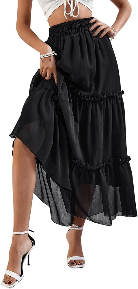 SweatyRocks Women's Casual Elastic High Waisted Layered Ruffle Hem Long Skirt | Amazon (US)