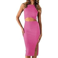 PRETTYGARDEN Women's Summer Midi Bodycon Dresses Casual Crew Neck Side Slit Sleeveless Knit Cut O... | Amazon (US)