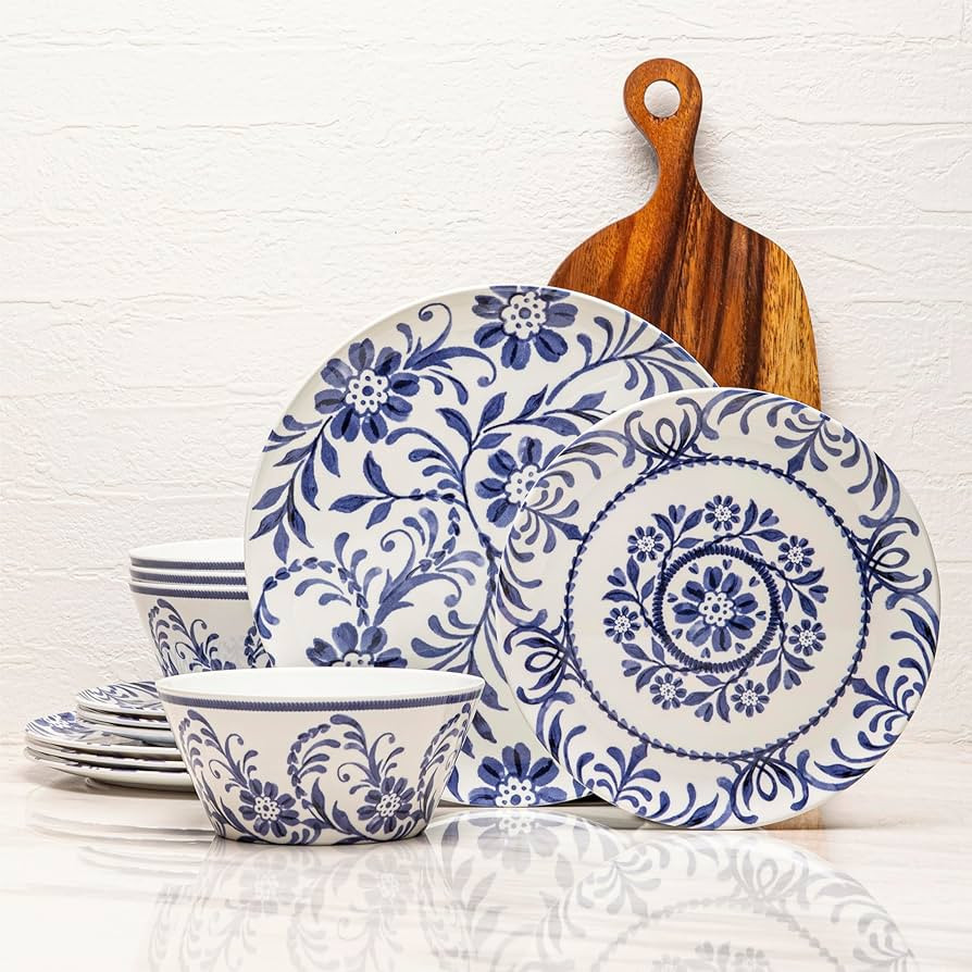 Bzyoo 12-Piece Melamine Dinnerware Set - Indigo Floral | Lightweight, Durable, BPA-Free | Dishwas... | Amazon (US)