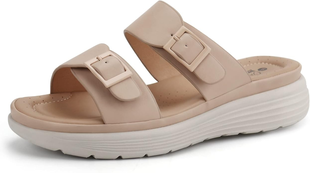 JABASIC Women Slide Sandals Comfortable Adjustable Double Buckle Platform Sandal | Amazon (US)