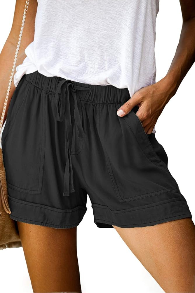 ROSKIKI Womens Summer Casual Drawstring Elastic Waist Comfy Pure Color Shorts with Pockets | Amazon (US)