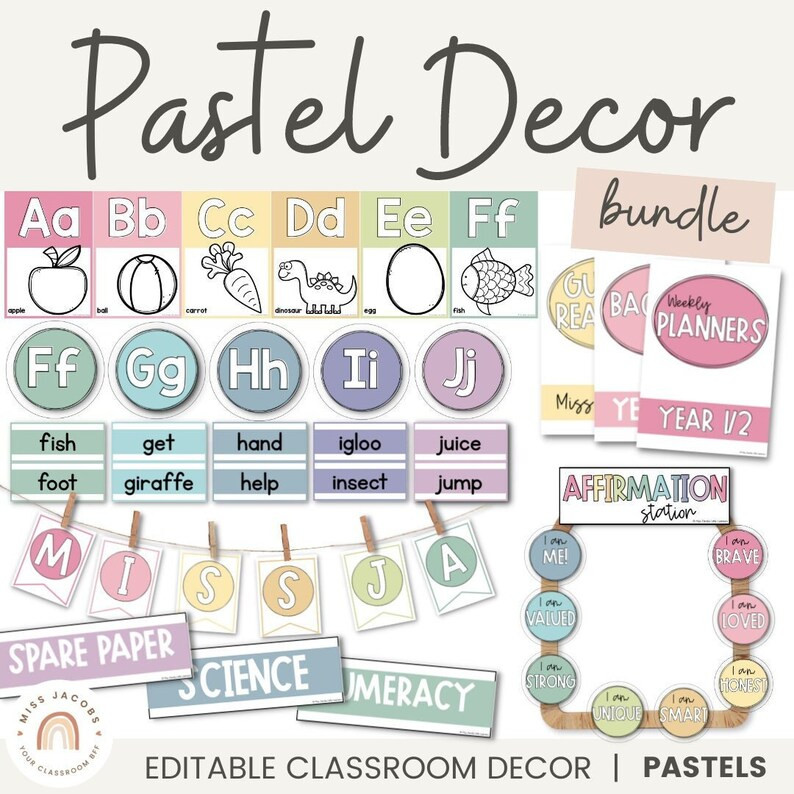 PASTELS Classroom Decor Bundle | Muted Rainbow Decor | Editable | Etsy (US)