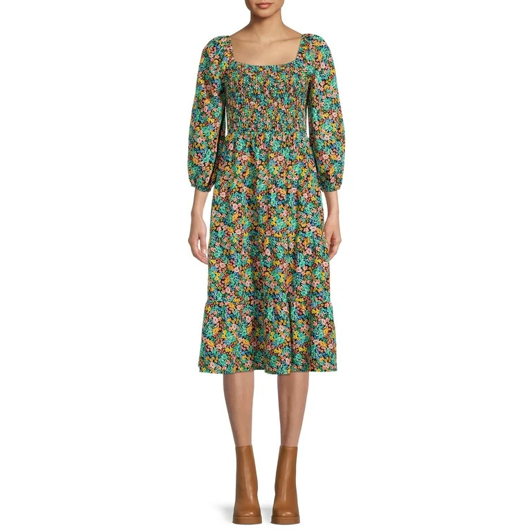Time and Tru Women's Long Sleeve Smocked Midi Dress - Walmart.com | Walmart (US)