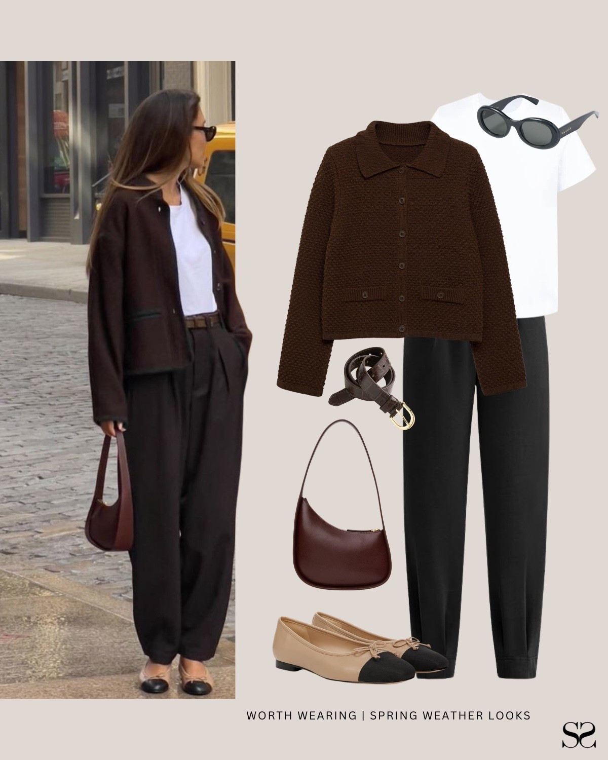 Outfit ideas when spring weather can’t make up its mind: 

A cropped brown knit jacket over a white tee and black trousers for spring. This one works for the office or anywhere the AC is already doing too much. Swap the tee for a long sleeve if the morning calls for it.

Brown cropped knit jacket, white tee, black trousers, brown leather belt, brown shoulder bag, two-tone ballet flats, black sunglasses

#LTKSeasonal #LTKgrwm #LTKootd