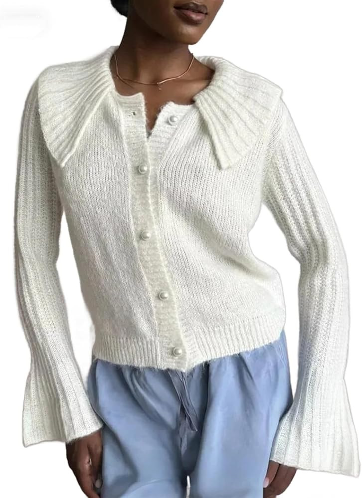 Retro Doll Collar Bell Sleeve Button Up Knit Sweater Cardigan Women Knitted Jacket Coats | Amazon (US)