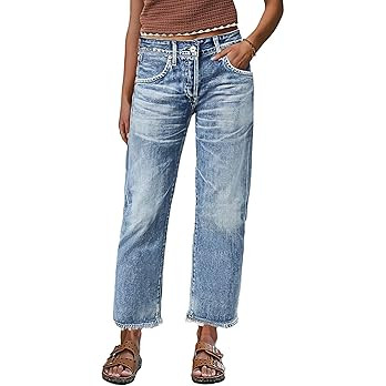 Flamingals Straight Leg Crop Jeans for Women Wash Raw Hem Mid Waist Jeans | Amazon (US)