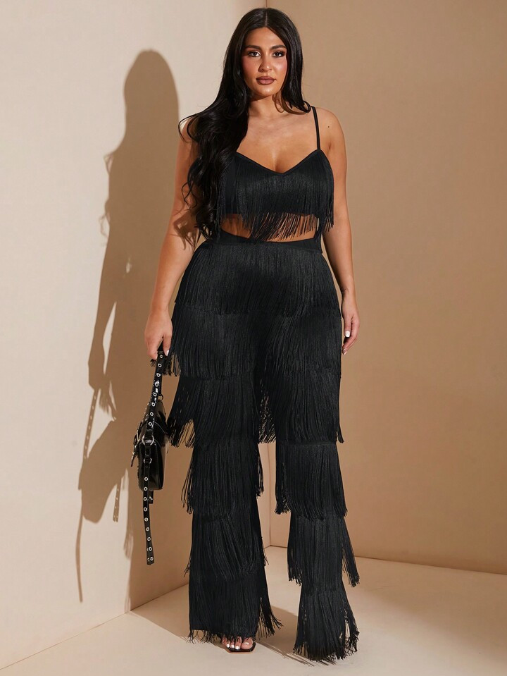 SHEIN BAE 2pcs Plus Size Women Summer Solid Color Patchwork Tassel Crop Top And Long Set Fall Black Spaghetti Strap Fringe Vest Top And Fringe Flared Pants Party Outfit Halloween Outfit | SHEIN