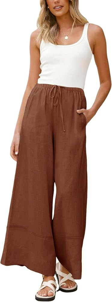 Athlisan Women's Summer Cotton Linen Palazzo Pants Baggy Wide Leg Lounge Trousers with Pockets | Amazon (US)