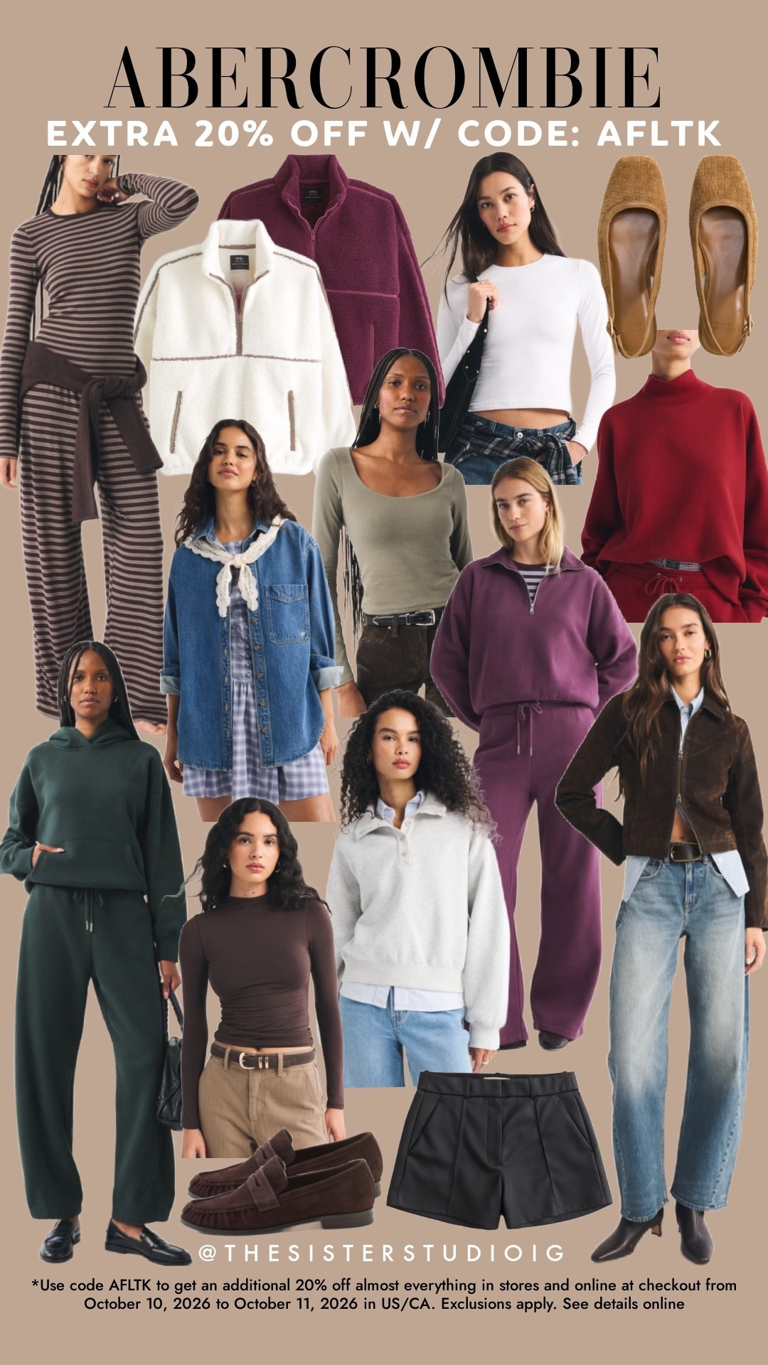 Abercrombie sale! Extra 20% Off with Code - stacks on sweaters and sweatshirts sale! Promo Code: AFLTK
*Use code AFLTK to get an additional 20% off almost everything in stores and online at checkout from October 10, 2026 to October 11, 2026 in US/CA. Exclusions apply. See details online