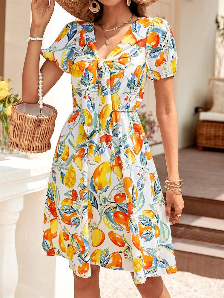 EMERY ROSE 1pc Fruit Print Puff Sleeve Dress | SHEIN