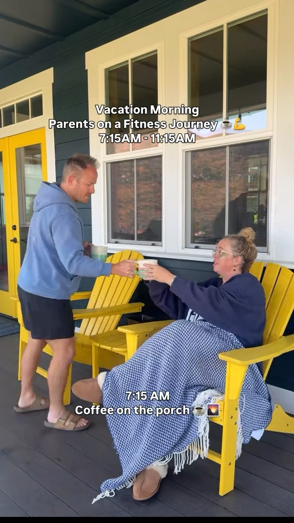 Vacation morning in our life as two parents on a fitness journey ☕️💪🏻⛰️💦

Wearing an XL in the Gold Hinge sweatshirt. The Amazon coverup is a look for less of the Show Me Your Mumu one. They are exactly the same. Wearing a L in the swim top and XL in the swim bottoms. 💕🩷