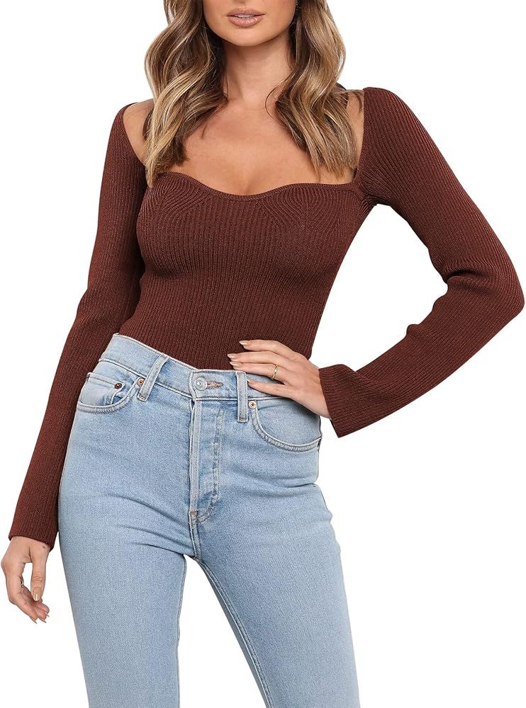 ANRABESS Womens Long Sleeve Sweetheart Neck Stretch Ribbed Knit Slim Fit Solid Crop Sweater Top | Amazon (US)