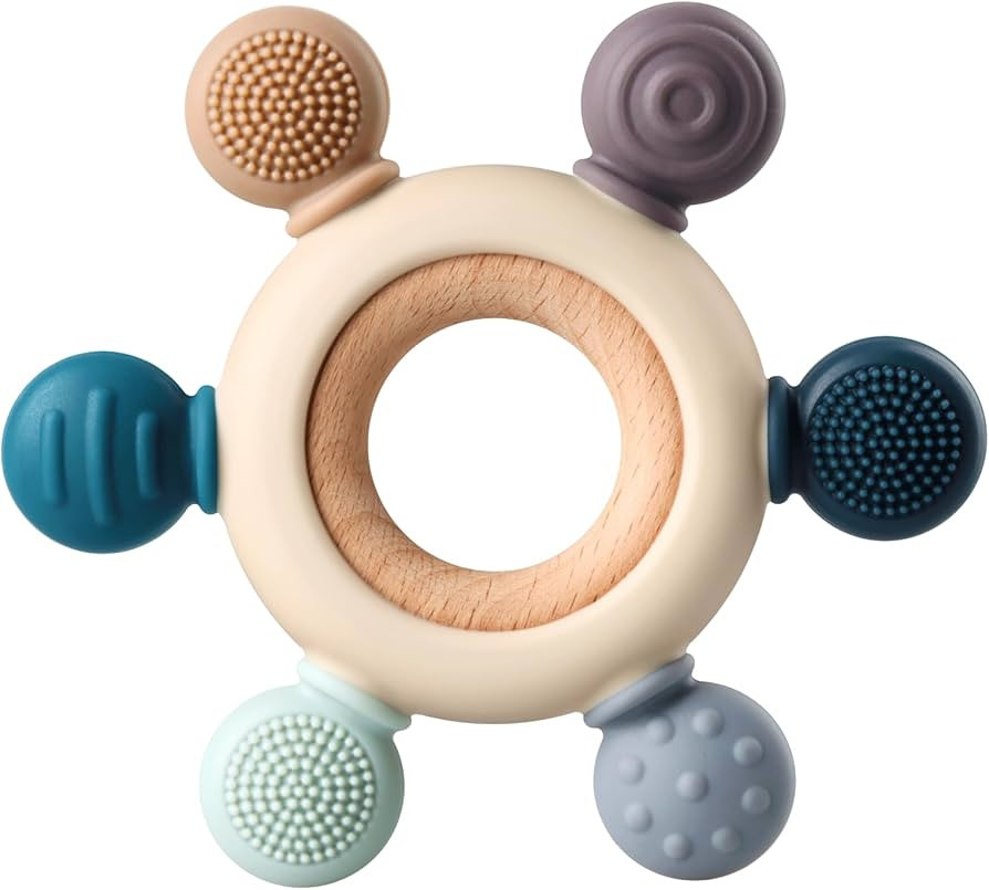 Baby Teething Toys, Silicone Chewable Teethers with Wooden Ring for Soothing Babies Gums, Rudder ... | Amazon (US)